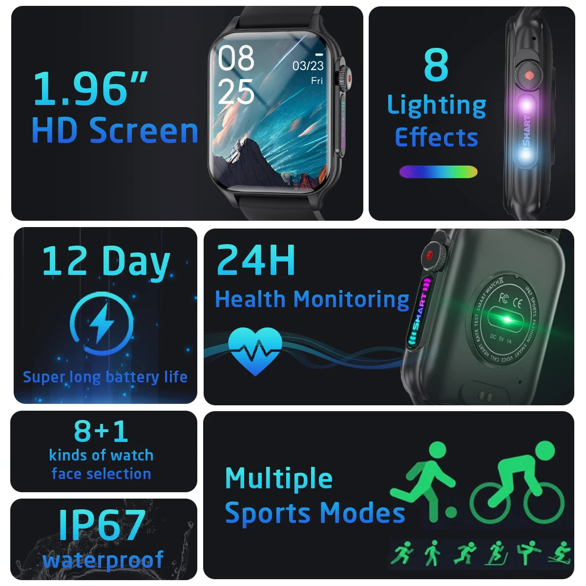 P6 Smart Watch 2025 – 1.96" BT Call, Breathing Light, IP67 Sports Watch